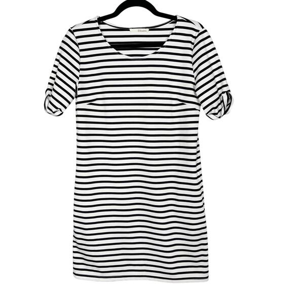 Ellison Medium Navy Blue White Striped Roll Tab Short Sleeve Sheath Dress Pocket - Picture 1 of 7